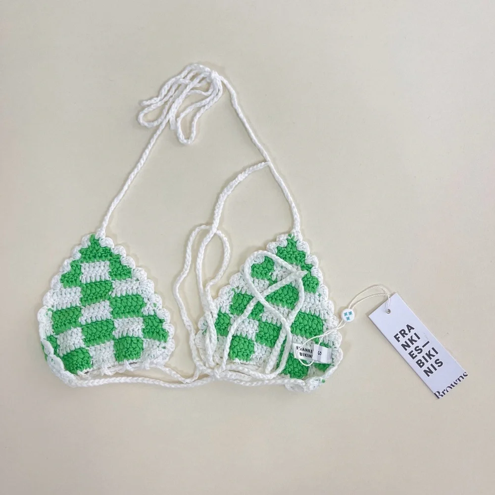 NWT Frankie’s Bikinis Tia Crochet Triangle Bikini Top in Jade Checker